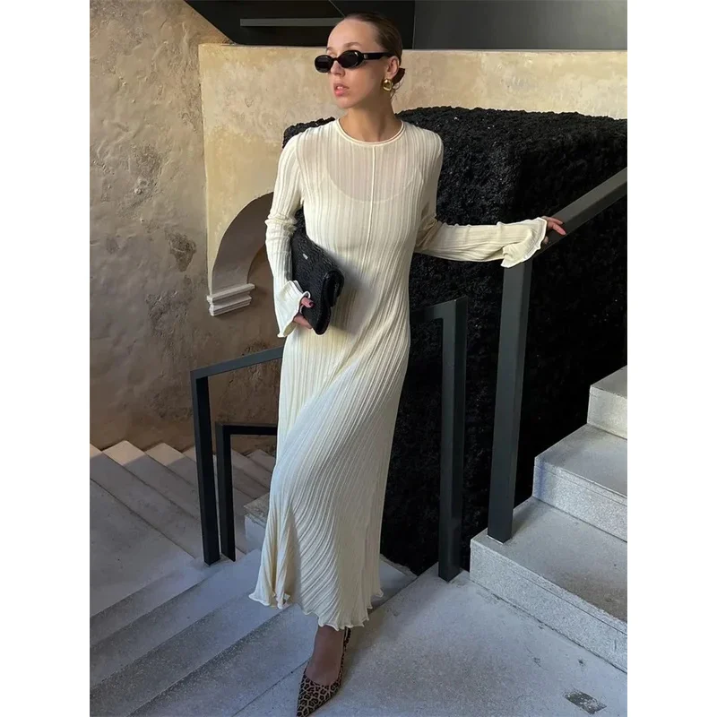 JINIA Knitwear Fashion Loose Maxi Dress Women Lace-Up High Waist Ribbed Long Sleeve Party Dress Female Knit Bandage Long Dress