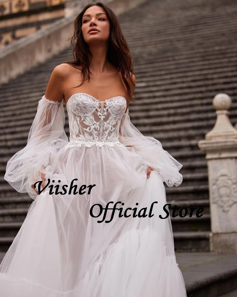 Viisher-Robe de Mariée Ligne A en Tulle et Dentelle Blanche, avec Appliques, Corset Sophia, Manches Bouffantes, pour Patients de Mariage