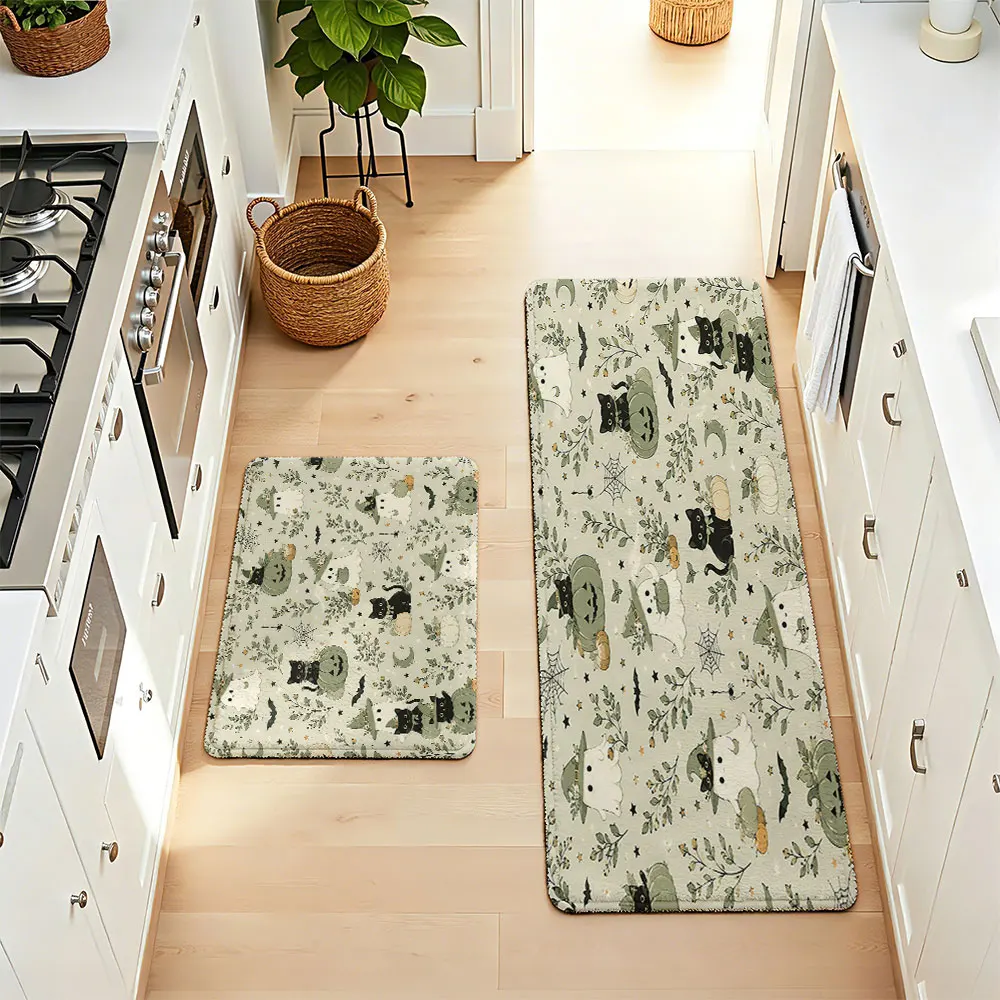 2pcs plush kitchen floor mats with Halloween ghost, black cat, pumpkin waterproof oil-resistant and water-absorbent