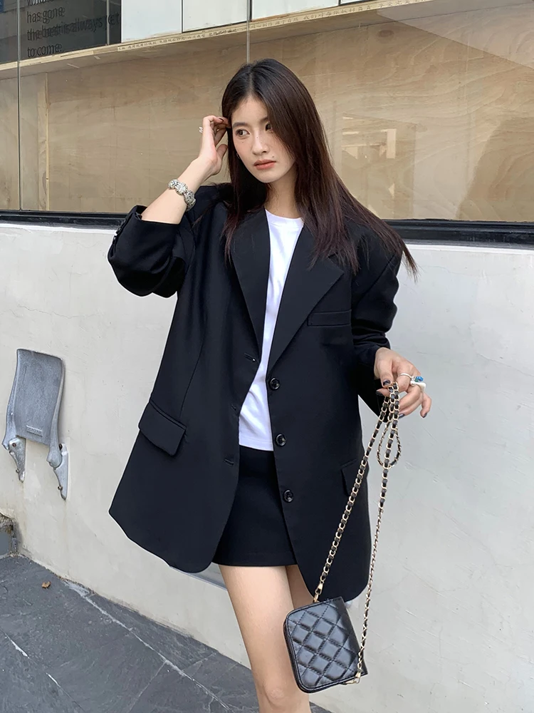 UNXX Black Blazer for Women Female Office Lady Laid-back Style New Korean Vintage Loose Casual Blazer for Autumn High Quality