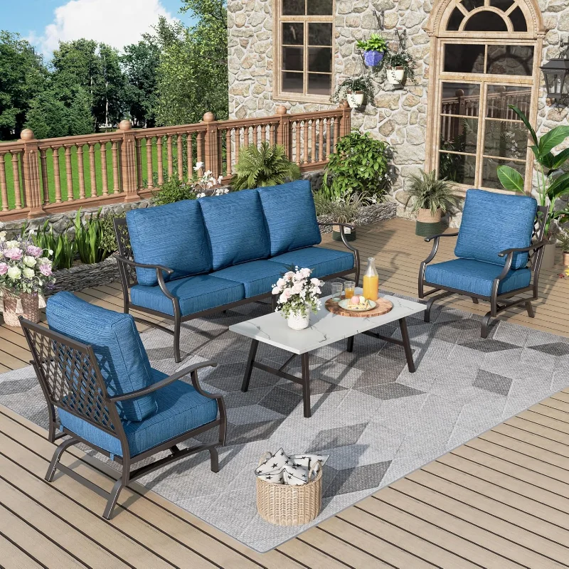 

Patio Furniture Set 4 pcs, Outdoor Patio Furniture, 3-Seat Sofa, 2 Rocking Chairs, Coffee Table and 5.75" Extra Thick Cushion