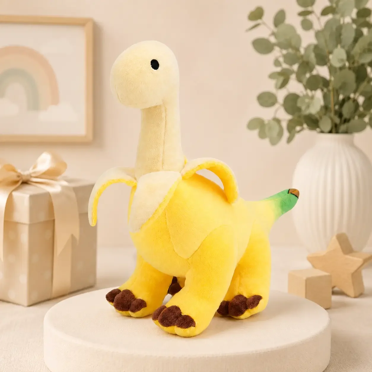 Cute banana T‑Rex plush decoration; soft, huggable stuffed animal decor; cartoon banana dragon plush toy; home décor gift