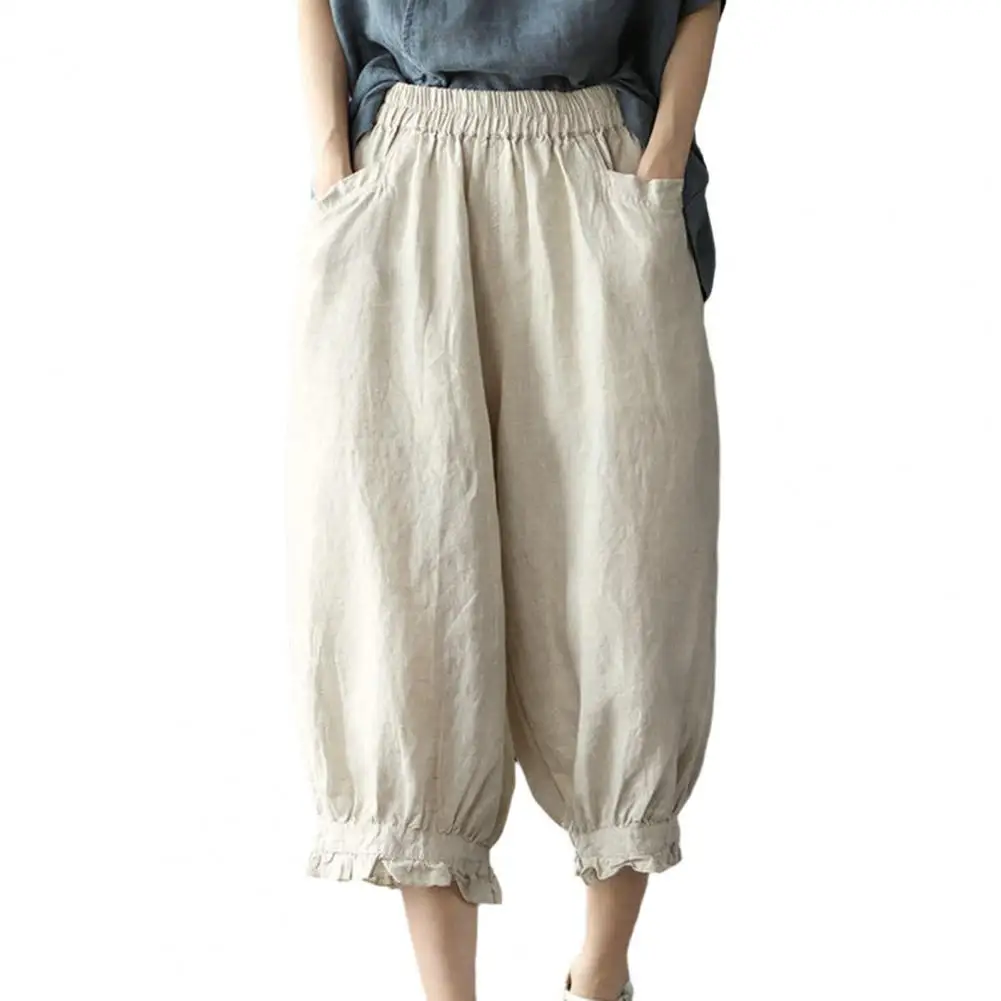 Elastic Waist Pants Retro Casual Women's Harem Pants with High Elastic Waist Soft Breathable Fabric Mid-calf Length for Summer