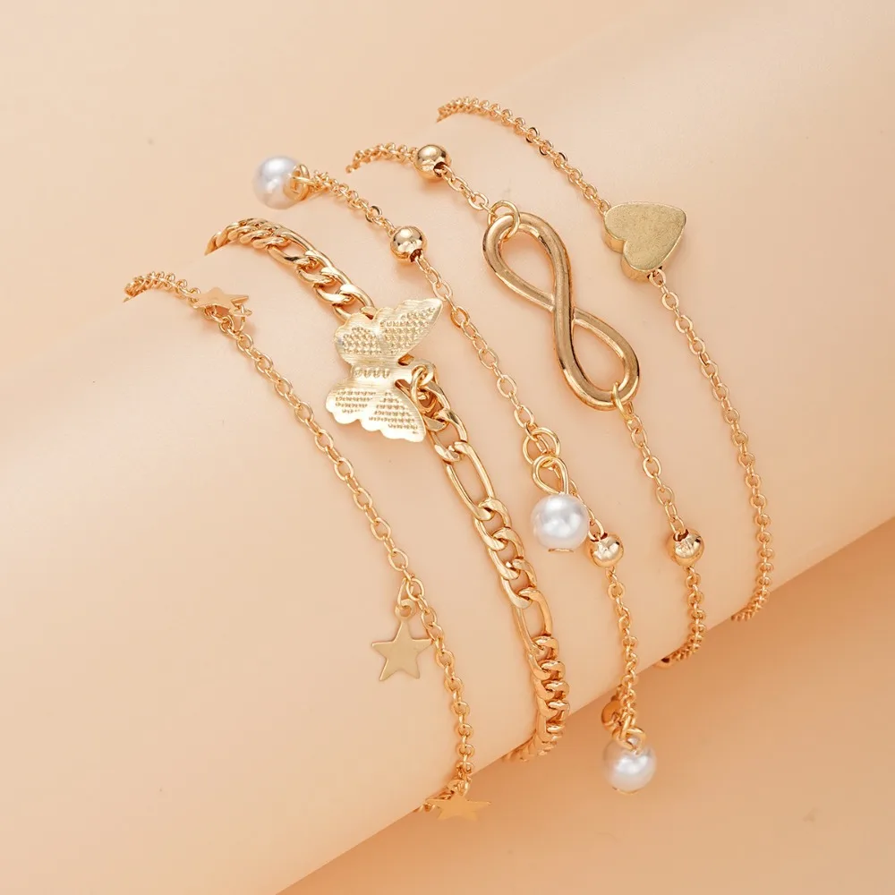 4pcs Set Trendy Butterfly Five-pointed Star Imitation Pearl Tassels Lucky 8-shaped Anklets for Women Summer Beach Jewelry Sets