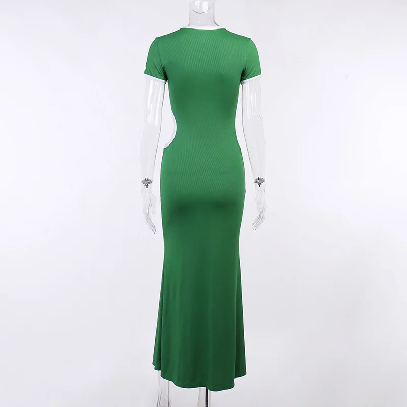 2022 summer women's dress new color contrast hollow out waist short sleeve dress