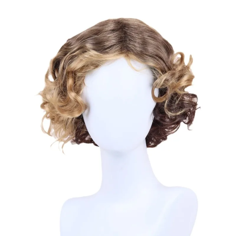 Men's wig with slanted bangs, short curly hair, golden gradient, synthetic fiber wig, fashionable wig accessory