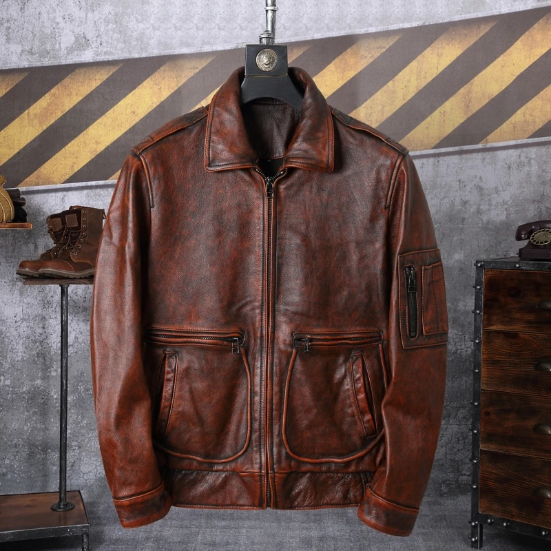 

2023 Men Spring Autumn Vintage Genuine Cowhide Jackets Men's Motorcycle Casual Overcoats Male Real Cow Leather Coats F514