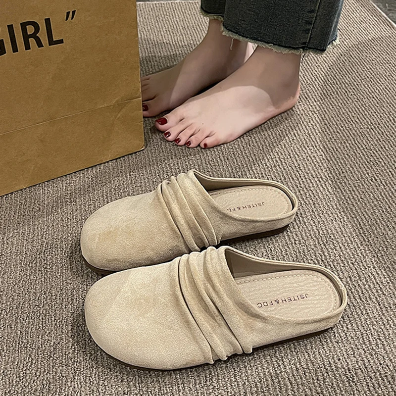 

Retro Pleated Slip-On Women's Sandals Summer Outdoor Wear Soft Bottom Flat Heel Shoes Korean Style Slip-On Slippers
