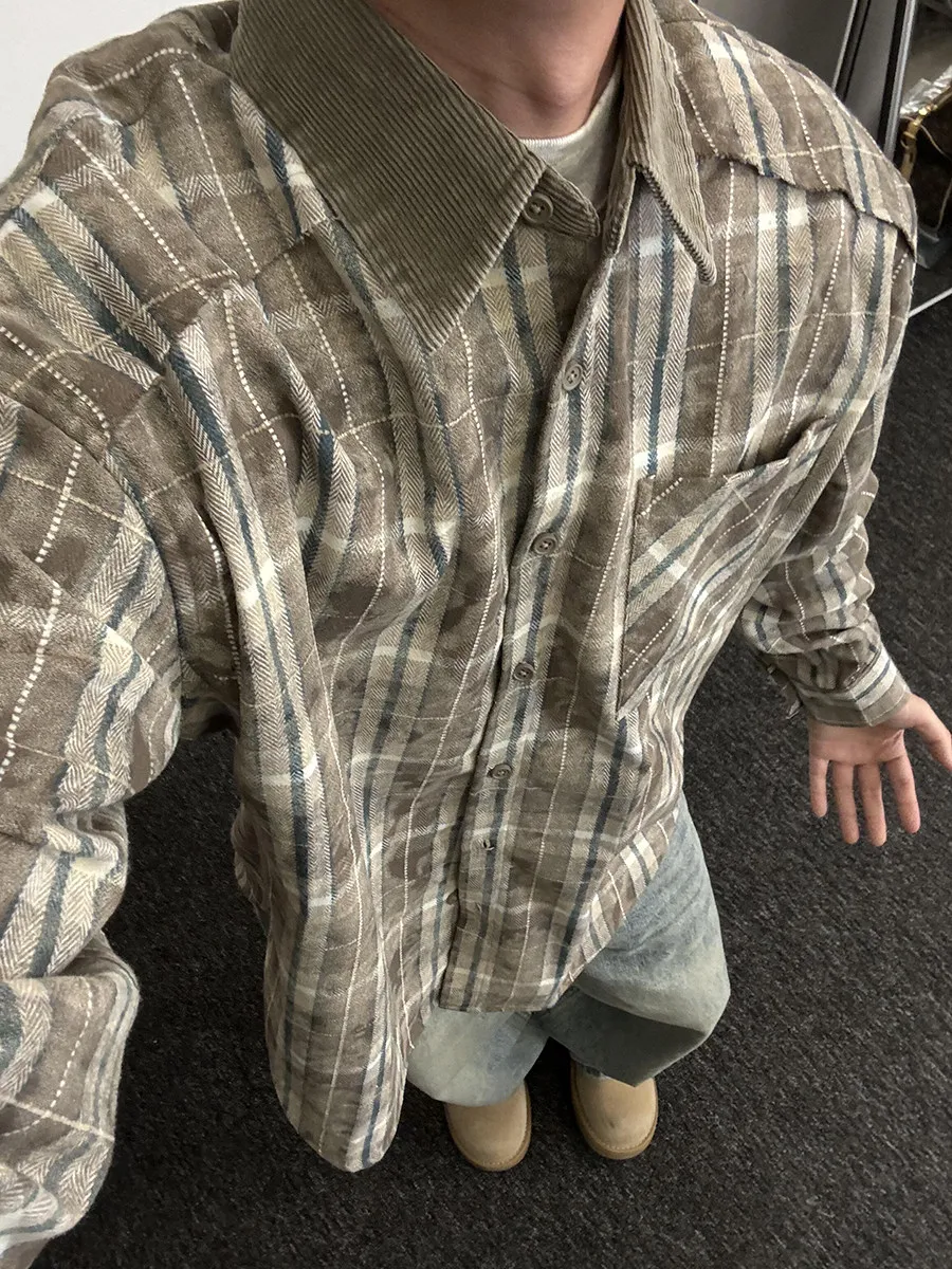 Retro Plaid Men's Shirt American Splice Tie Dye Design Draping Inner Shirt Cleanfit Jacket Loose Fit Long Sleeve Casual Style