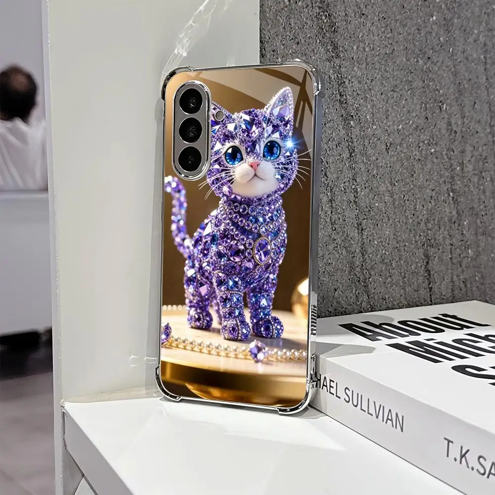 Minimalist Purple Cat with phone case glass s26 ultra case mobile phones for Samsung Galaxy S26 S25 S24 S23 S22 FE,Ultra,Plus