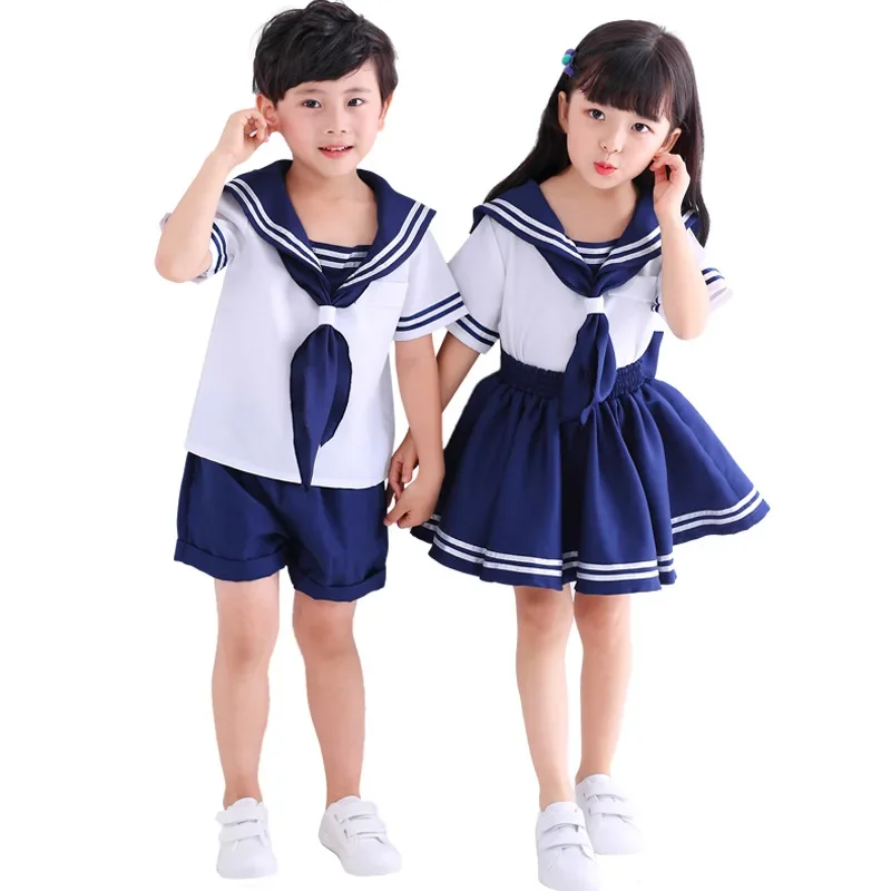 

Japan School JK Uniform Kids Sailor Dress Boys Shorts Girls Skirts Sailor Moon Cosplay Halloween Costume Navy Outfit Blue Suit