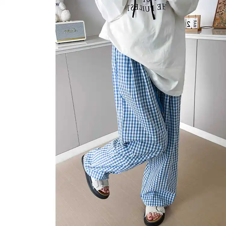 Blau karierte Hose mit weitem Bein für Damen, Sommer, dünn, locker, gerade, lässig, hohe Taille, bodenlange Hose, Schlankheitseffekt