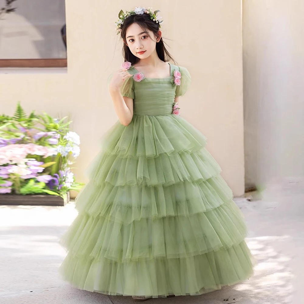 

Легкое роскошное однотонное зеленое детское платье принцессы, классическое бальное платье из тюля без рукавов с бантом и узлом, платье для выступлений на день рождения