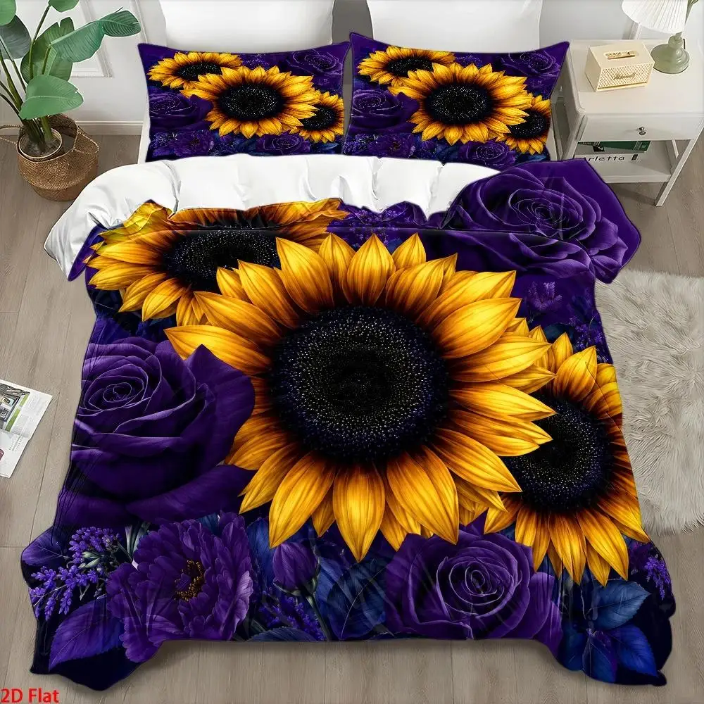 3Pc Purple Sunflower Print Quilt Cover Set, Three-Piece Bedding Set (1*Quilt Cover + 2*Pillowcases), Quilted Duvet Cover for Double Bed, All-Season Skin-Friendly Breathable Polyester Bedding, Zippered Closure, Easy to Clean, Durable, Machine Washable, Modern Minimalist Luxury Style Bedroom Decor, Wrinkle-Resistant Woven Dormitory Bedding Set, Suitable for Home Master Bedroom, Guest Room, Student Dormitory, Nordic Style Cozy Home Bedding Set, Large Double Bed Cover