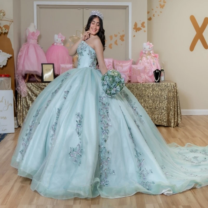 

Mint Green Shiny Quinceanera Dresses Ball Gown Off The Shoulder Sequin Applique Lace Beads Tull Corset Sweet 16 Dress Vestidos