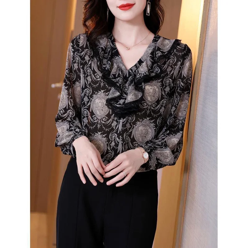 Elegant Vintage Print Chic Ruffle Lace V-Neck Loose Blouses Tops for Women Fashion Commute Loose Long Sleeve Shirts Clothes 2023