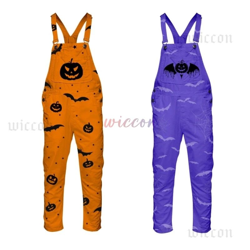 

Halloween Cosplay Overalls Purple Orange Pumpkin Bat Print Jumpsuit Casual Loose Suspender Pants