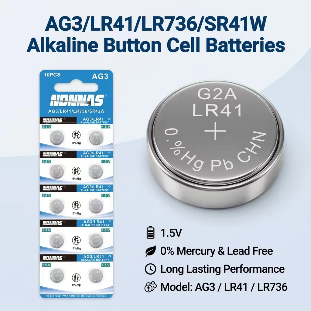 Pilas de Botón Alcalinas AG3 LR41 LR736 SR41W 1.5V, 0% Hg, Libres de Plomo, para Relojes, Calculadoras, Termómetros, Juguetes y Pequeños Dispositivos Electrónicos