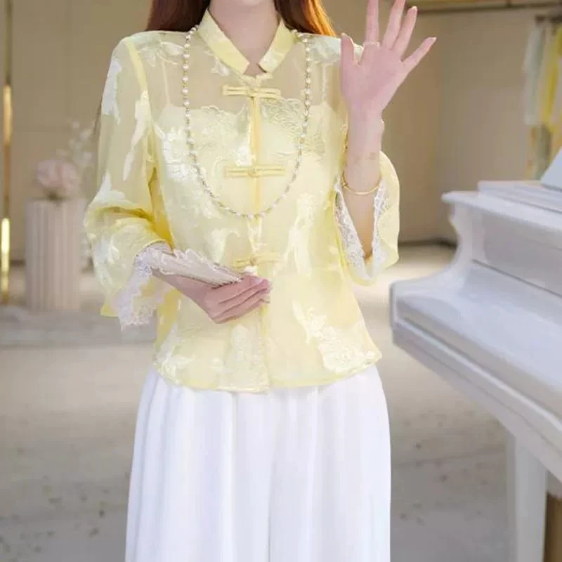 Women's Summer Retro Elegant Loose Casual Button up Shirt Blouse Coat Chinese Style Sunscreen Cardigan Top 2025