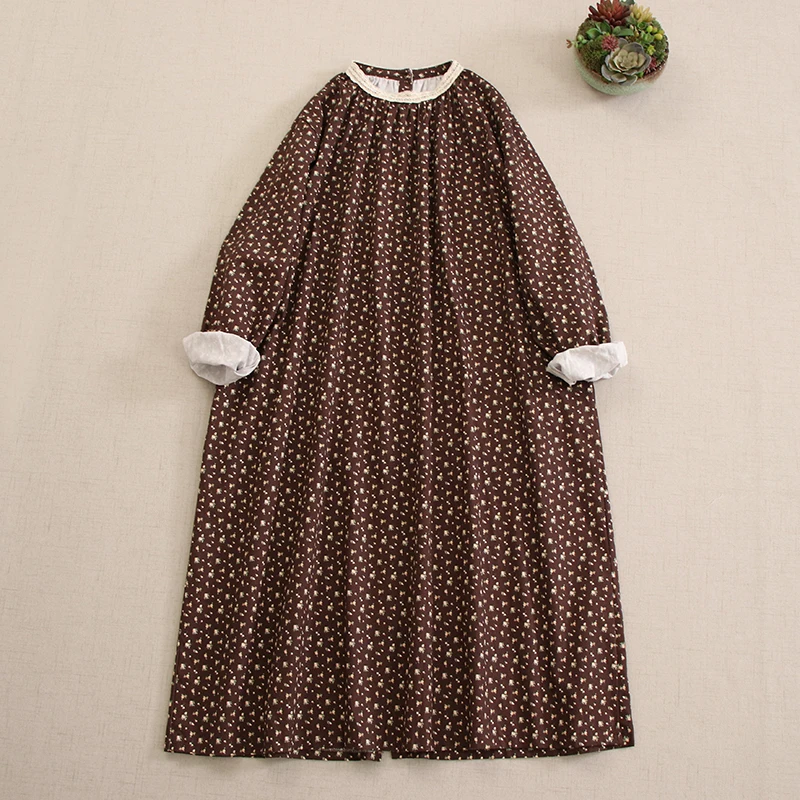 Japanese Sweet Mori Girl Vintage Floral Print Cotton Dress Women Spring Autumn Lace Collar Long Sleeve Casual Loose Midi Dress