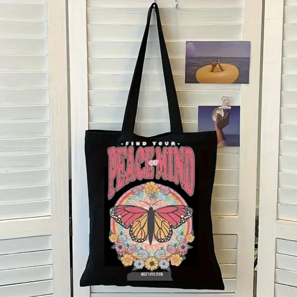 Accept Yourself Butterfly Tote Inspirational Quote & Wing Detail Print Empowerment Graphic Bag Durable Fabric Shoulder Bag