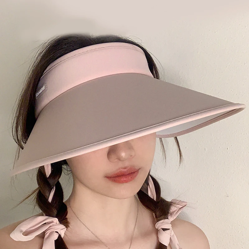 Women Summer Sun Hat W/Strap Folding Empty Top Visors UPF50+ UV Protection Bonnet Large Brim Travel Beach Ice Silk Sunscreen Hat