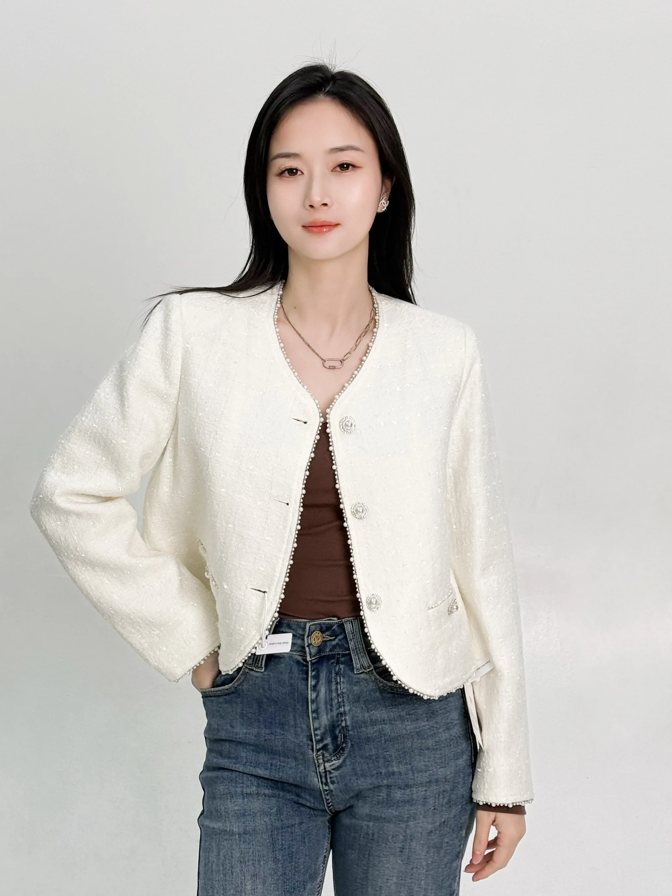 

Ease the Label Pearl Trimmed Thi Tweed ort Jaet V-Ne Attractive Fem Spring Faion Polyester Fiber Straight Cut