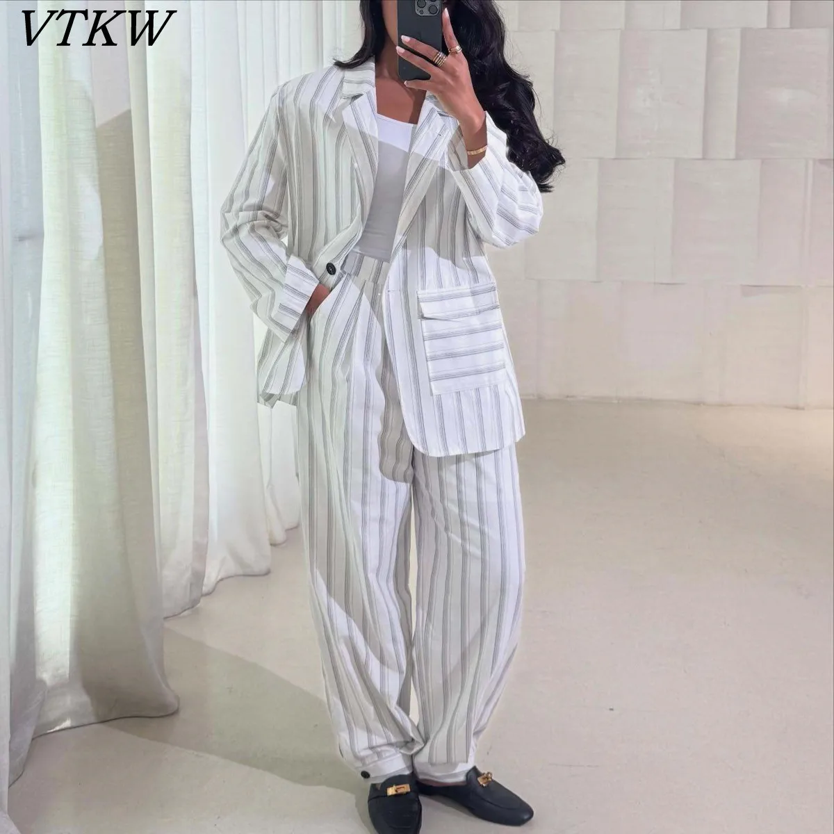 

BJTZ 2025 Women's Color Block Striped Two Piece Set Blazer and Trousers Casual Designer New Lapel Pocket High Quality Spring
