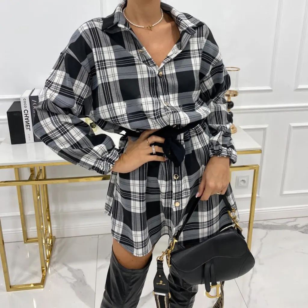 

Autumn Winter Plaid Shirt Long Sleeve Lace-Up Women's Fashion Top for