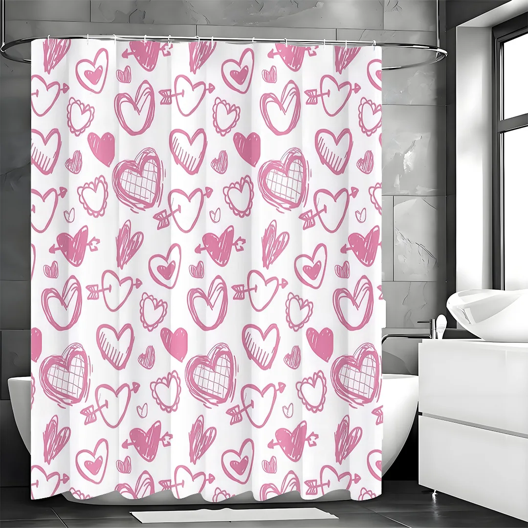 

Doodle pink lines and hearts Shower Curtain Washable Dirt-Resistant Shower Head waterproof Polyester Bath Curtain For Home Decor