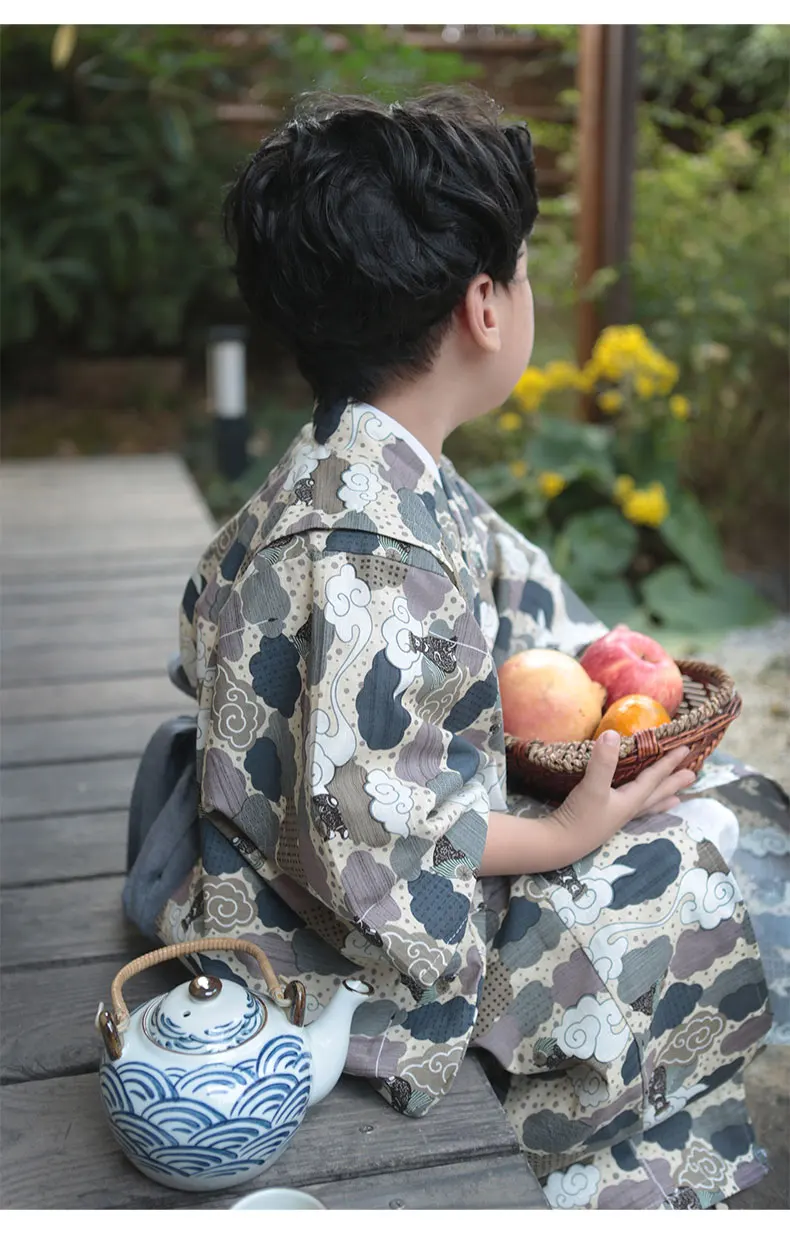 Japanese Traditional Kimono 100% Cotton Boy's Vintage Summer Dress Photography Clothing Casual Home Wear Bathrobe Cosplay