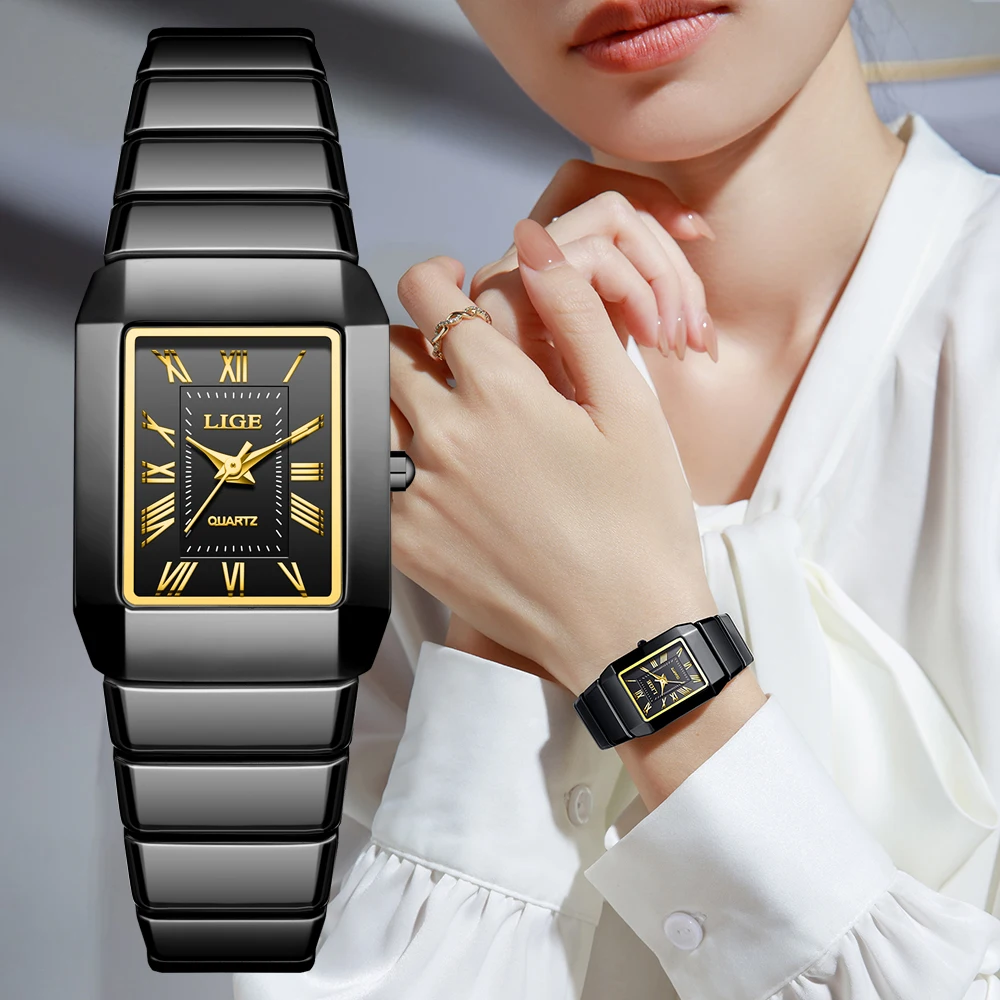 ساعة يد كوارتز سيراميك سوداء مربعة أنيقة للنساء من LIGE، ساعات فاخرة من السيراميك مقاومة للماء، ساعة نسائية كاجوال للسيدات