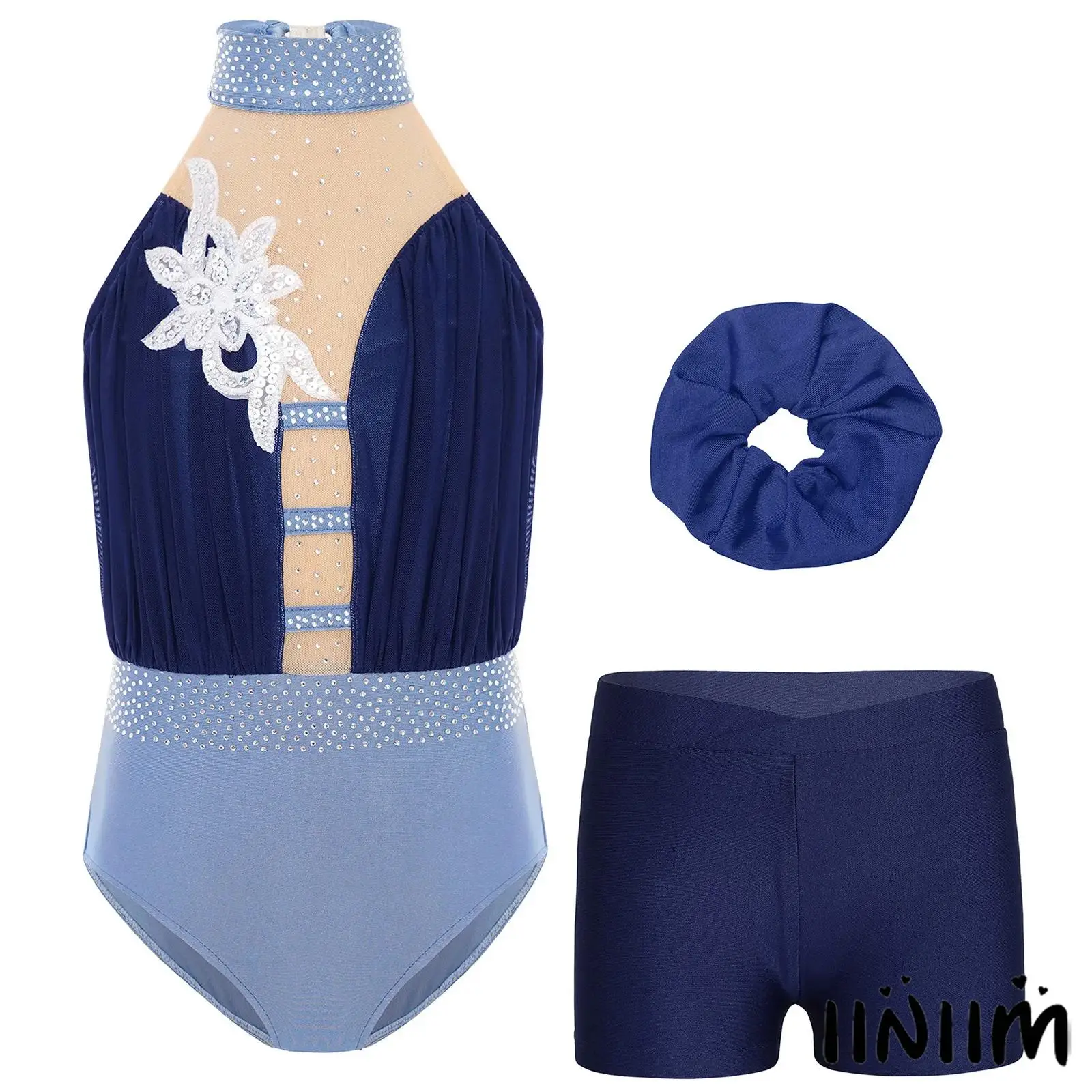 

Kids Girls Ballet Dance Performance Set Sleeveless Gymnastics Leotard with Keyhole Back Mesh Rhinestone Applique Shorts+Hairband