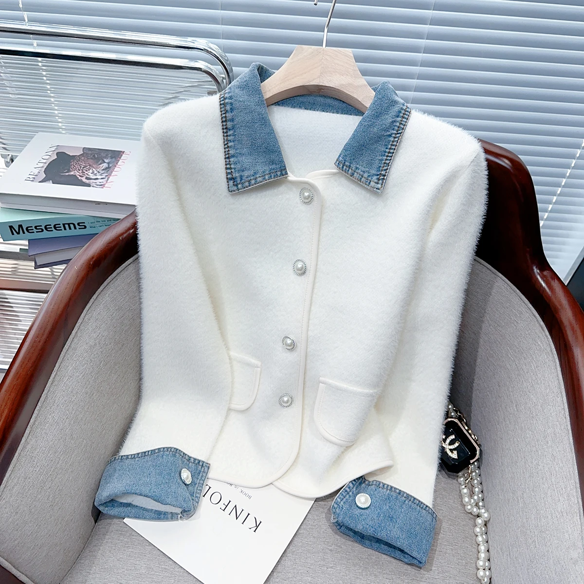 Camisola de malha de vison falso cardigan casaco feminino topos 2025 outono inverno manga longa denim emendado único breasted elegante chique jumper