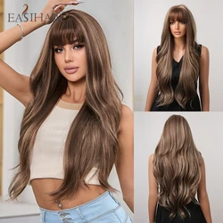 EASIHAIR Brown Mixed Blonde Synthetic Wigs with Bang Long Natural Wavy Hair Wig for Black Women Daily Cosplay Use Heat Resistant