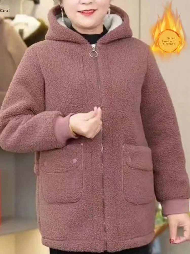 

Thiened Particle Fce Jaet Winter Warm Cotton Coat for Middle-Aged And ly Women with Hood Zipper Closure Casual Sle