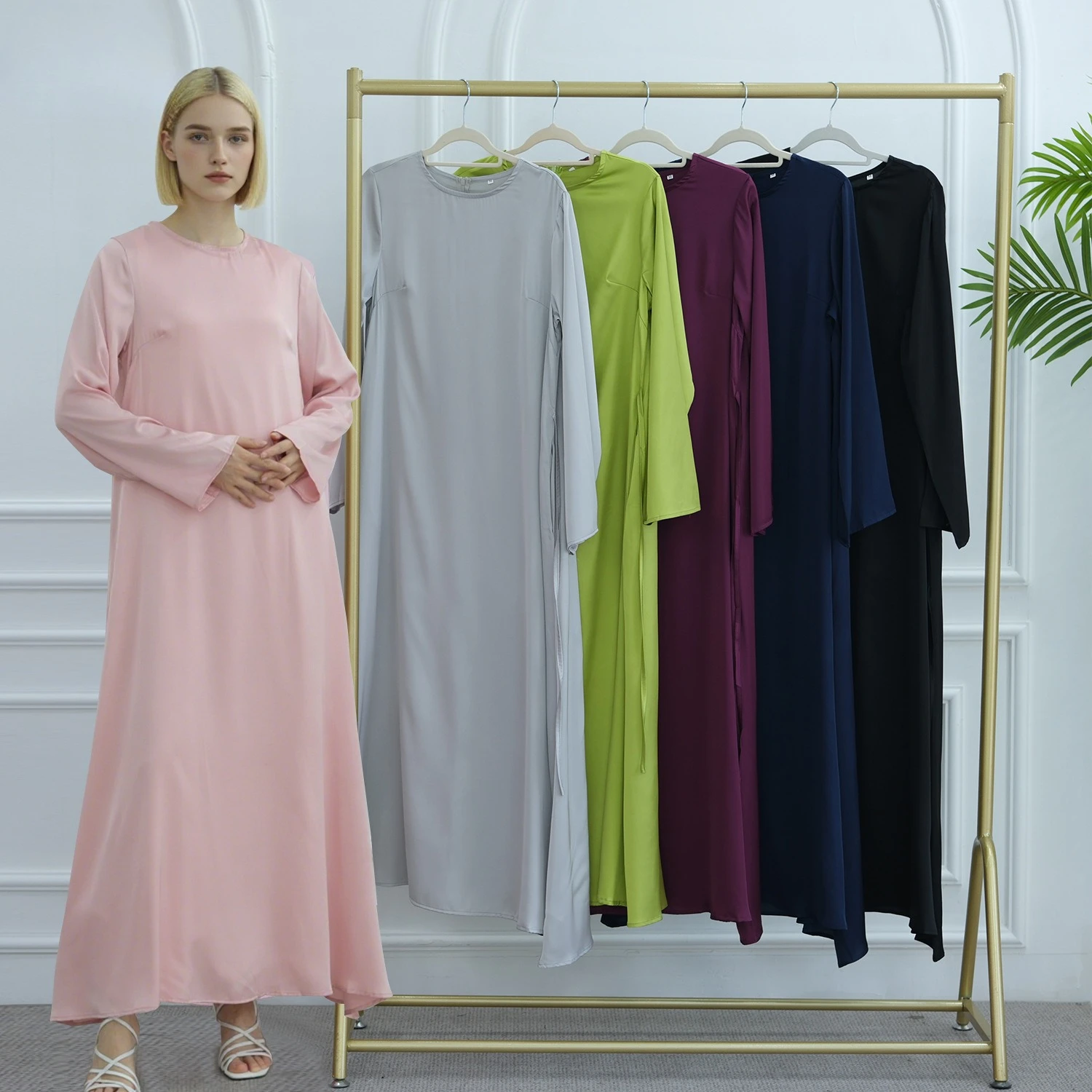 

Fashion Muslim Abaya Islamic Clothing Modest Satin Closed Abaya Women Muslim Dress Long Sleeve Maxi Dress Inner Women's Dresses