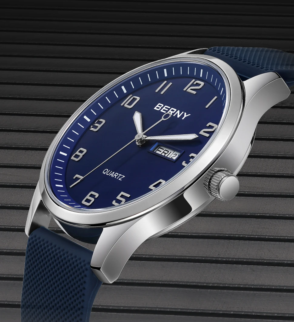 BERNY Uhren für Herren, Quarz, lässig, Sport, Herrenuhren, weiches Silikonarmband, großes Zifferblatt, Kalenderwoche, leicht ablesbare Armbanduhr – Detail 3
