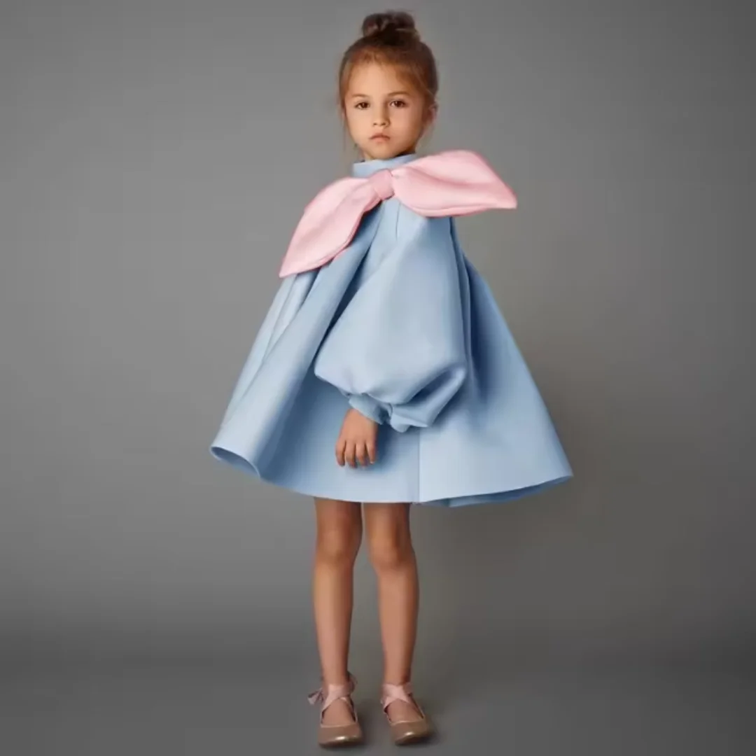 Vestido de noche de princesa boutique para niñas con mangas abullonadas y lazo, vestido de fiesta Eid para boda, cumpleaños, bautismo