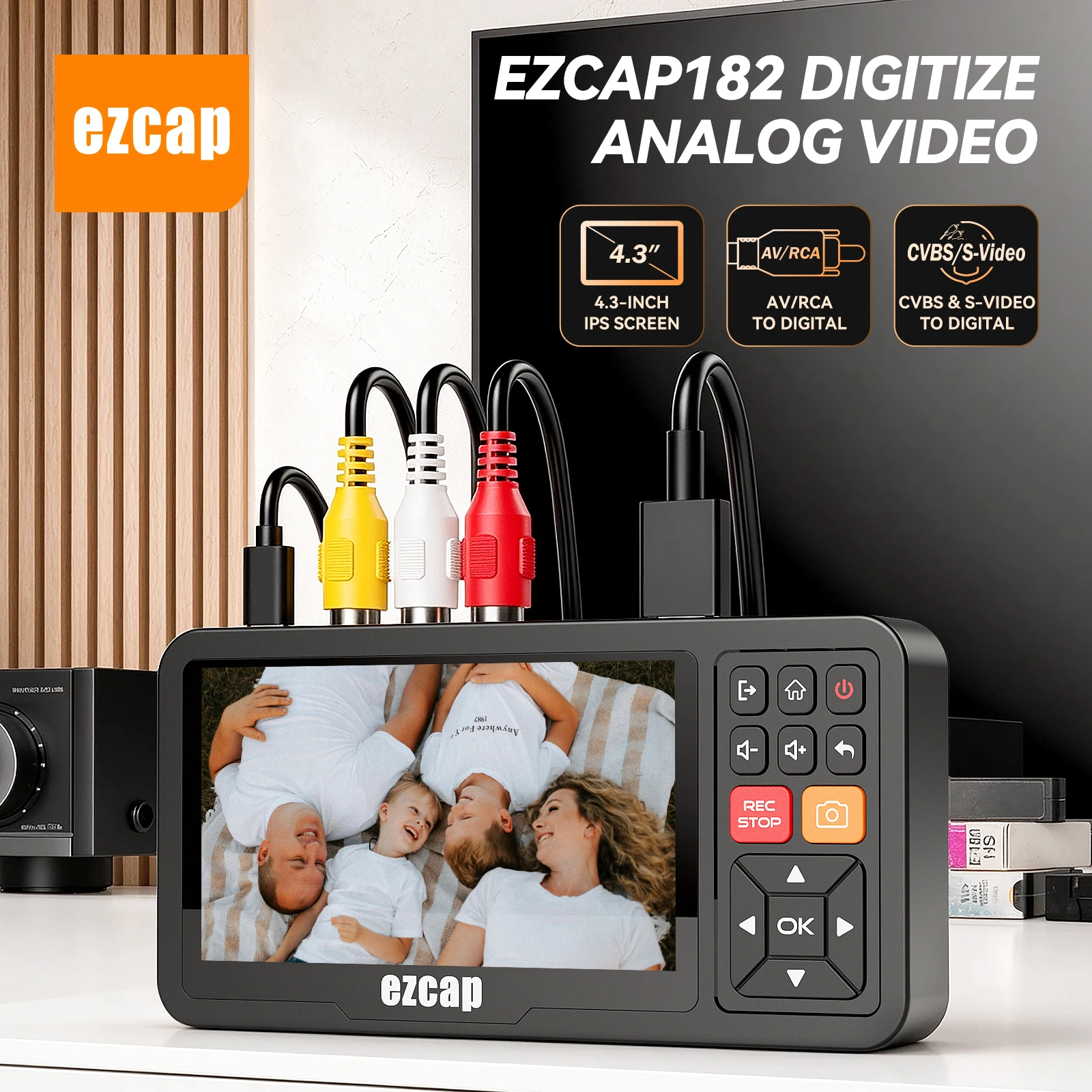 Ezcap182 VHS VCR to Digital Converter AV/RCA & S-Video Capture Recorder 4.3-Inch IPS Screen HDMI Output Micro SD Card MP4 No PC