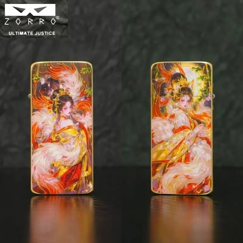 ZORRO Pure Copper Card Style Ultra-thin Kerosine Lighter, Retro Pure Copper Carved Enamel Painted Double-sided Cigarette Lighter