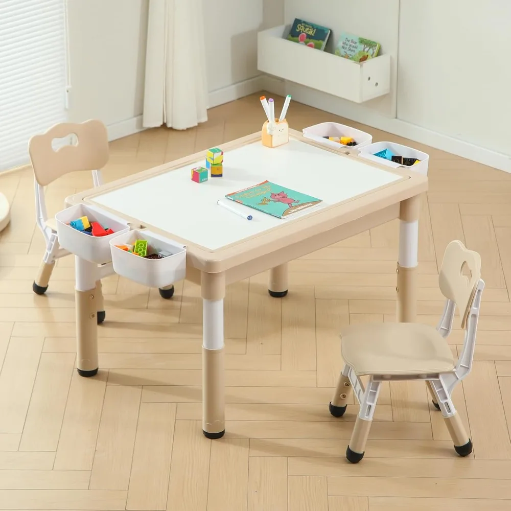 4 in 1 Kids Table and Chairs Set, Toddler Activity Table with Storage, Graffiti & Building Blocks Double-Sided Tabletop, Multi F