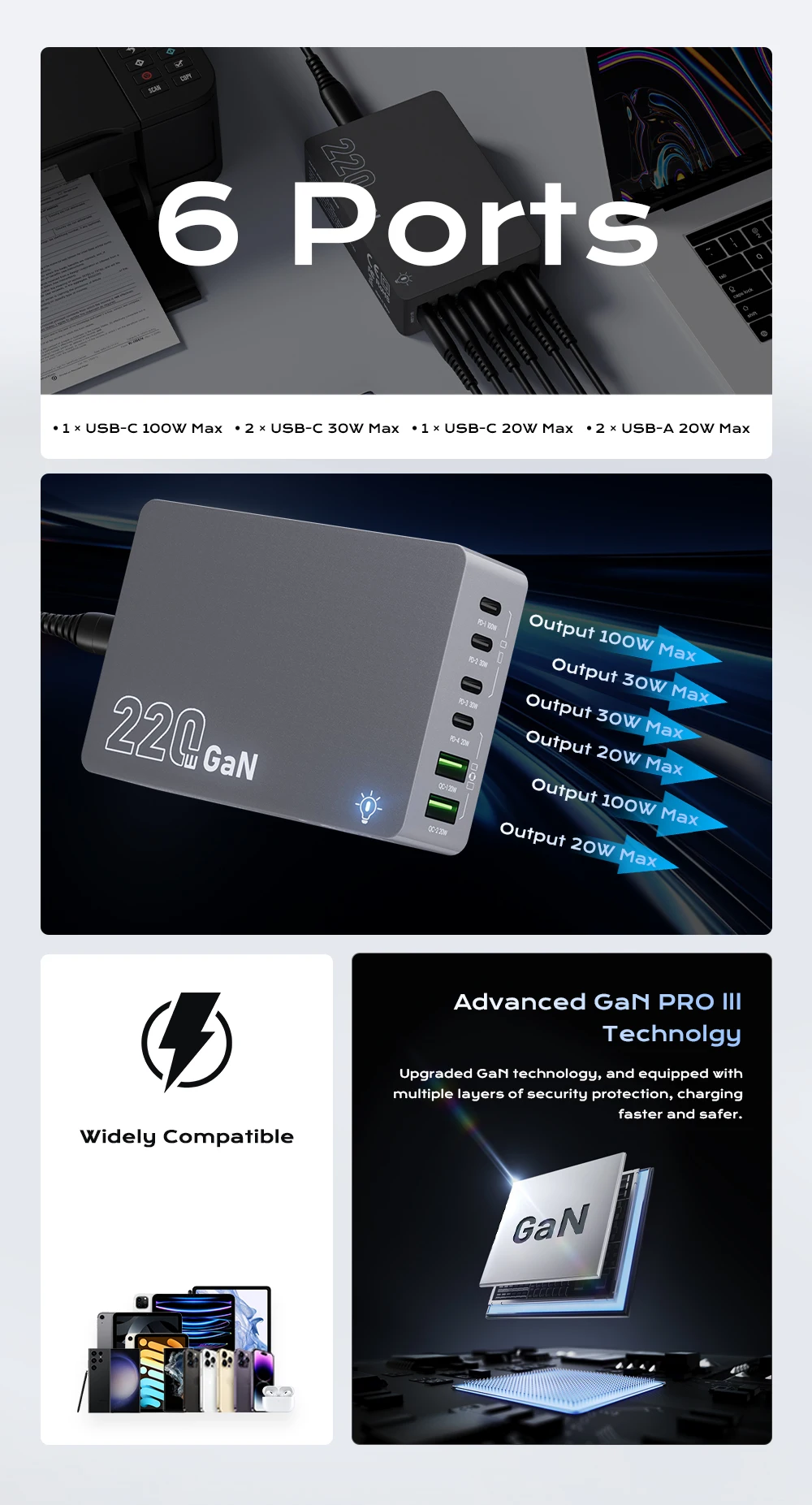 220 W GaN Desktop-Ladegerät 6-Ports PD 100 W USB Typ C QC 3.0 Schnellladestation für IPhone 16 Pro Tablet MacBook Samsung Laptop – Detail 2