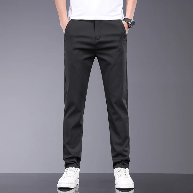 Pantalones informales de fibra de bambú para hombre, ropa de marca, tela elástica suave, delgada, cintura elástica, negocios, gris, verano, 38