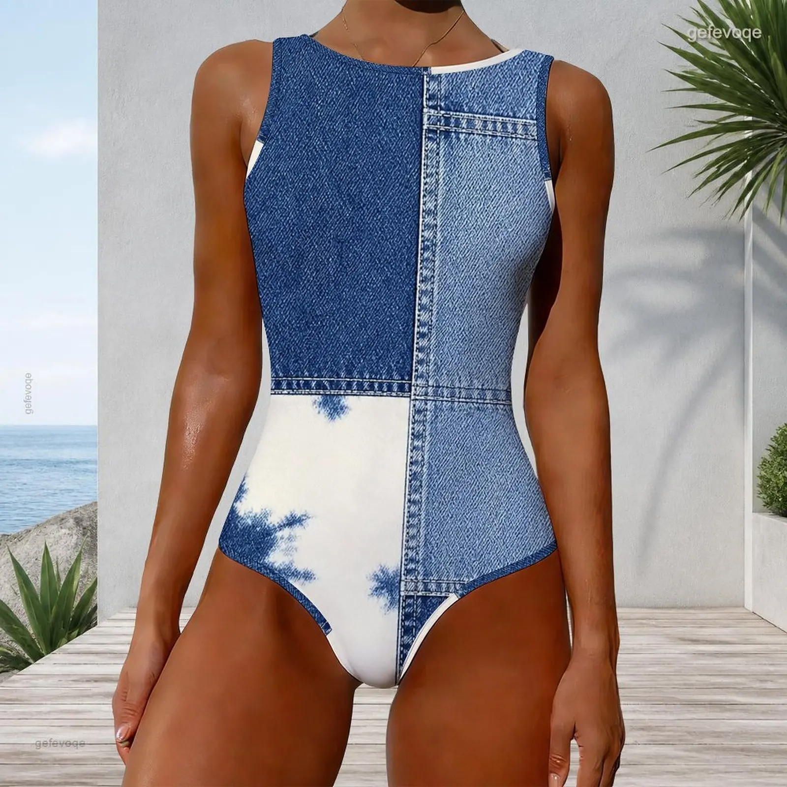 Printed Swimsuit for Women High Round Neck Sleeveless One Piece