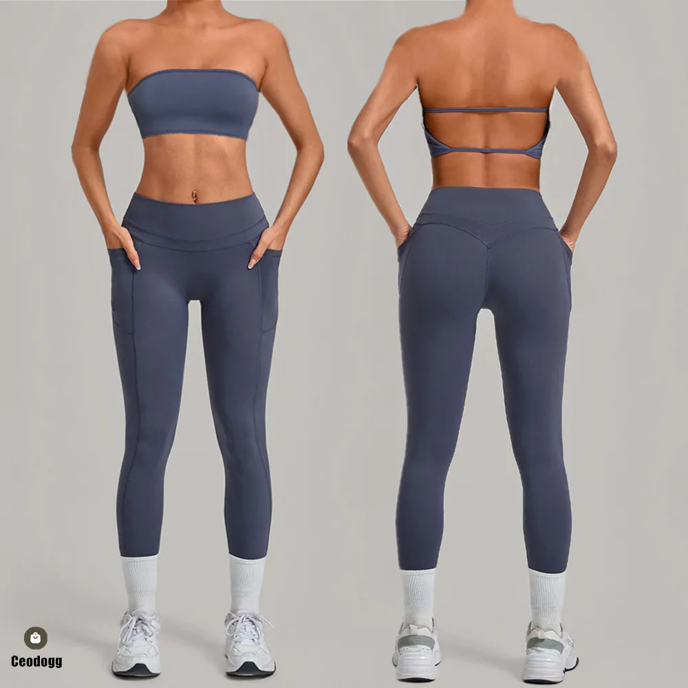 2Piece Women Yoga Set Gym Fitness Sportswear Outfits Workout Tracksuit Tube Sports Bra Crop Top High Waist Pocket Leggings XP40
