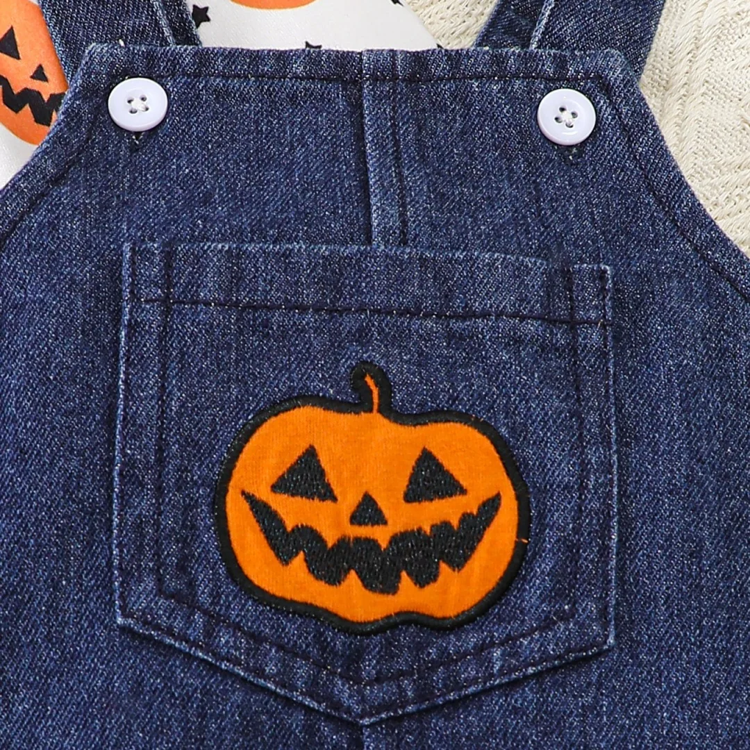 Halloween children clothing Baby Girls long sleeved pumpkin face Denim Rompers overalls set Baby Children Sleepwear Blanket