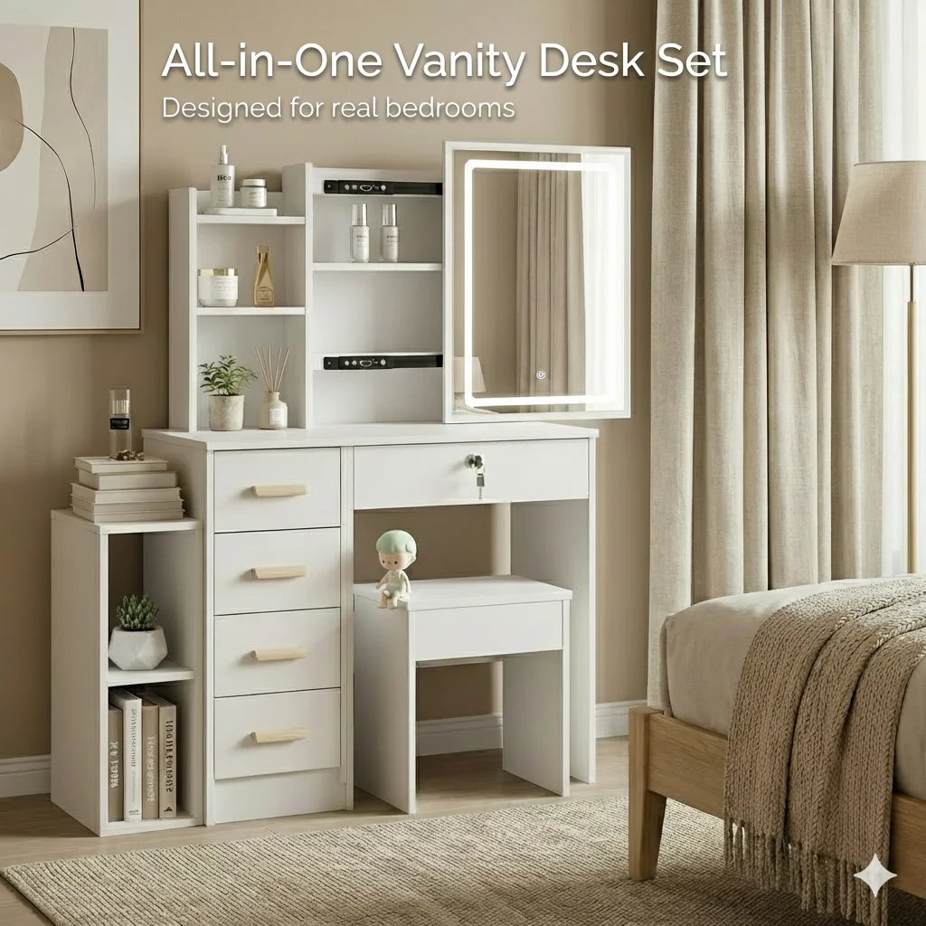 

White Vanity Table with LED Mirror & Stool - 5 Drawers, Lockable Dressing Desk