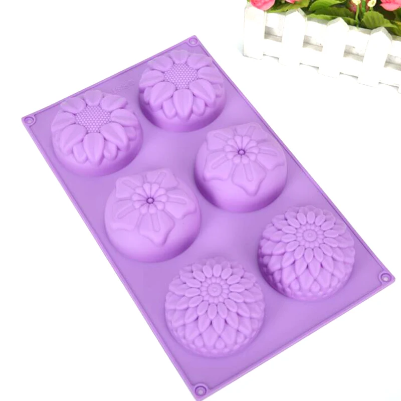 6 Hole DIY Silicone Art Handmade Soap Round Flower Shape Candle Cake Baking Mold