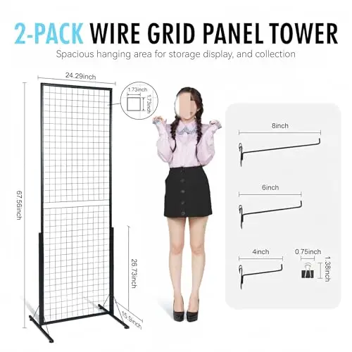 2-Pack 24x68 Inch Black Steel Grid Wall Display Stand, Floor Standing Retail Display Rack with Base for Store, Trade